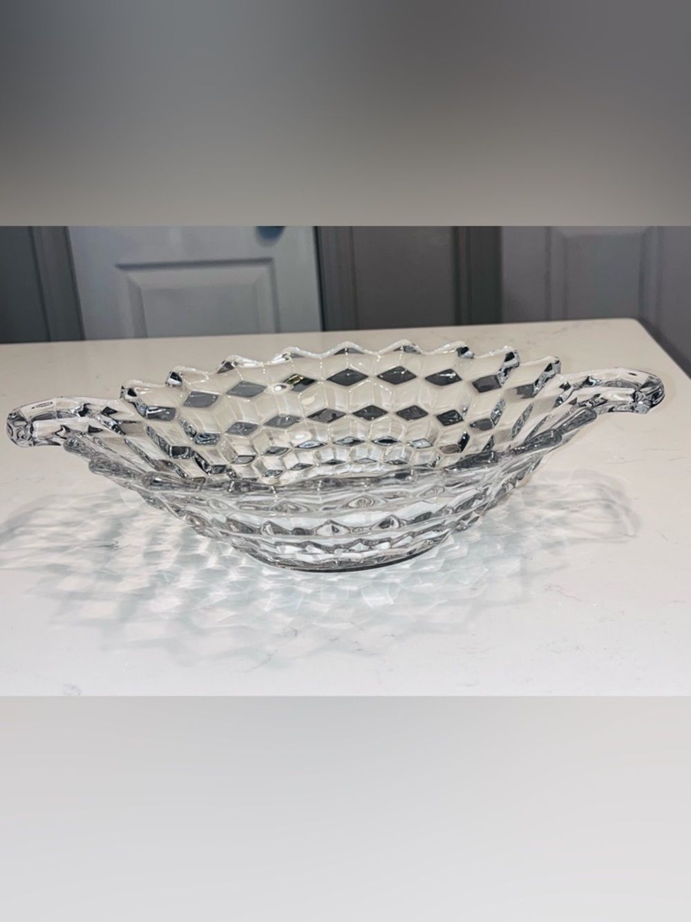 Fostoria MCM American Pattern Geometric, Cubist Serving Bowl W/ Handles 11”